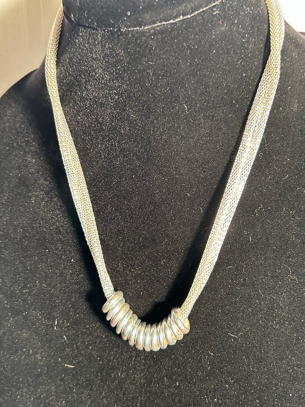 Silver Tone Dual Strand Mesh Tubular Chain Necklace Cluster Sliding Rings